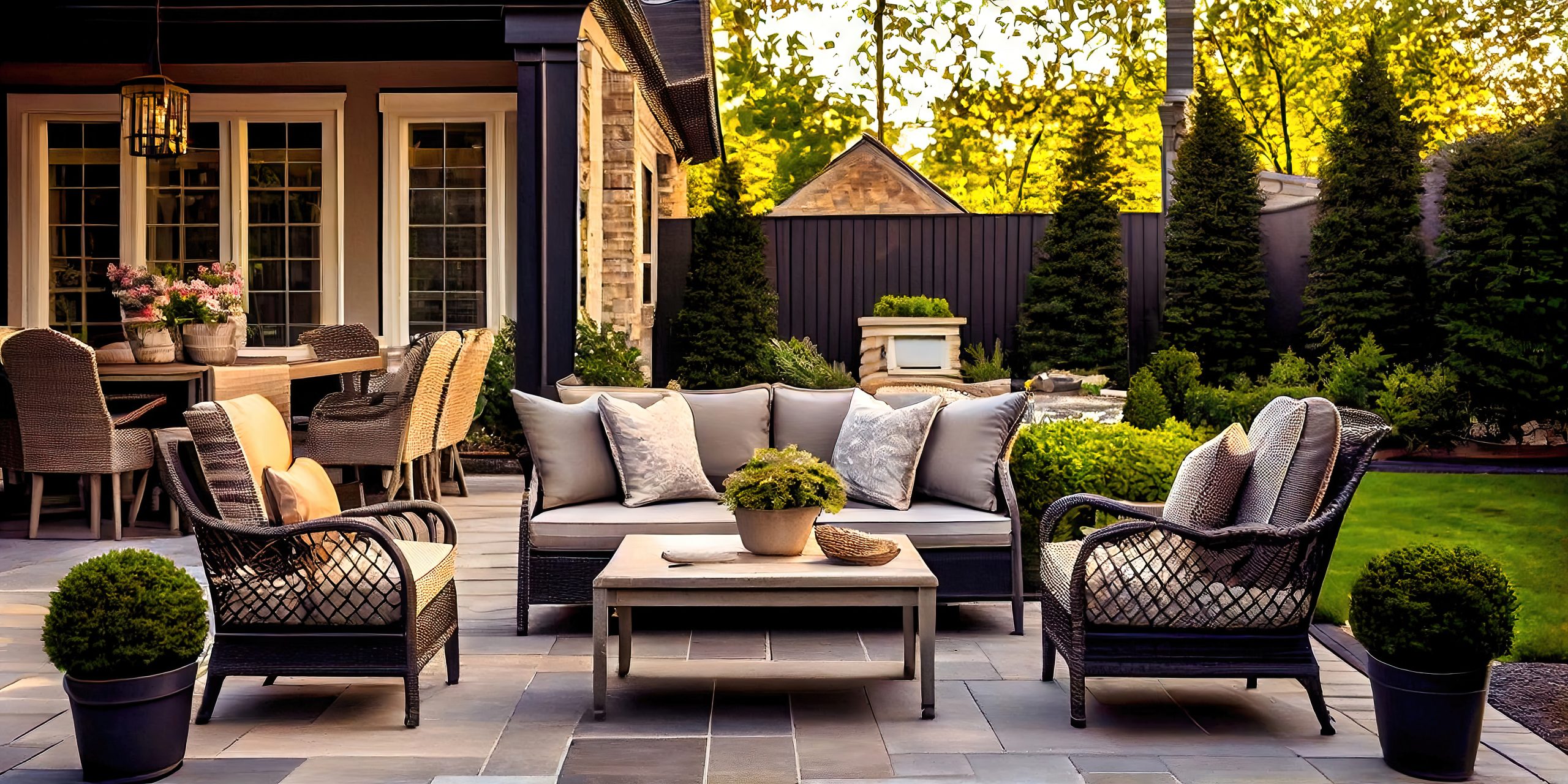 Backyard patio with dining area and conversational area with sofa and chairs