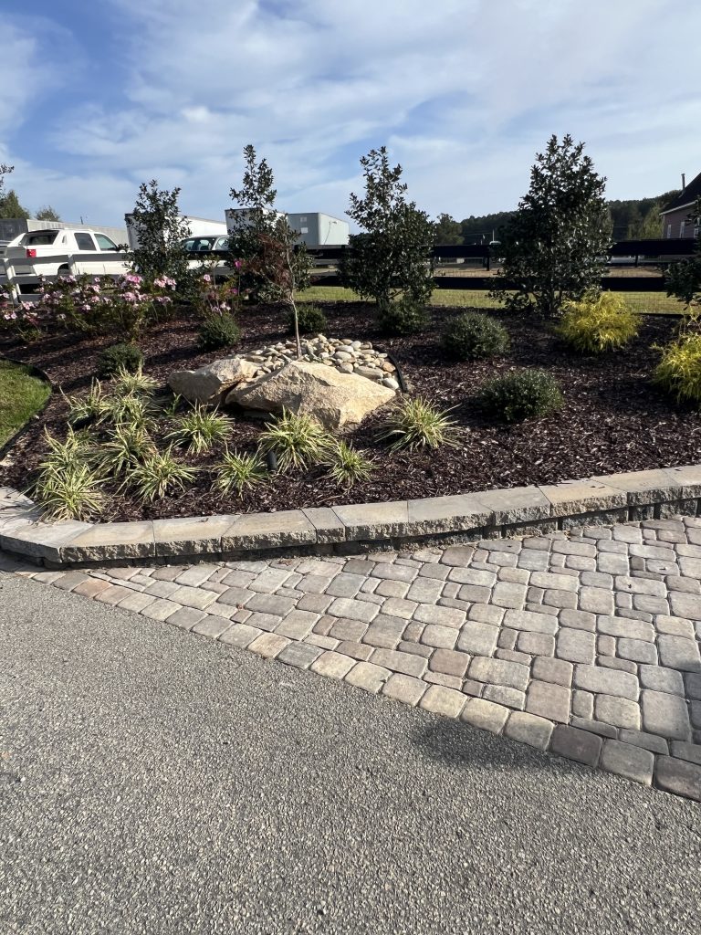 Hardscape and stone like retaining wall with small shrubs, trees, and mulch for business entrance.