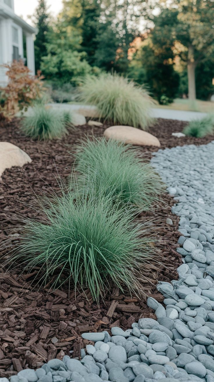fresh mulch and stone for flower beds